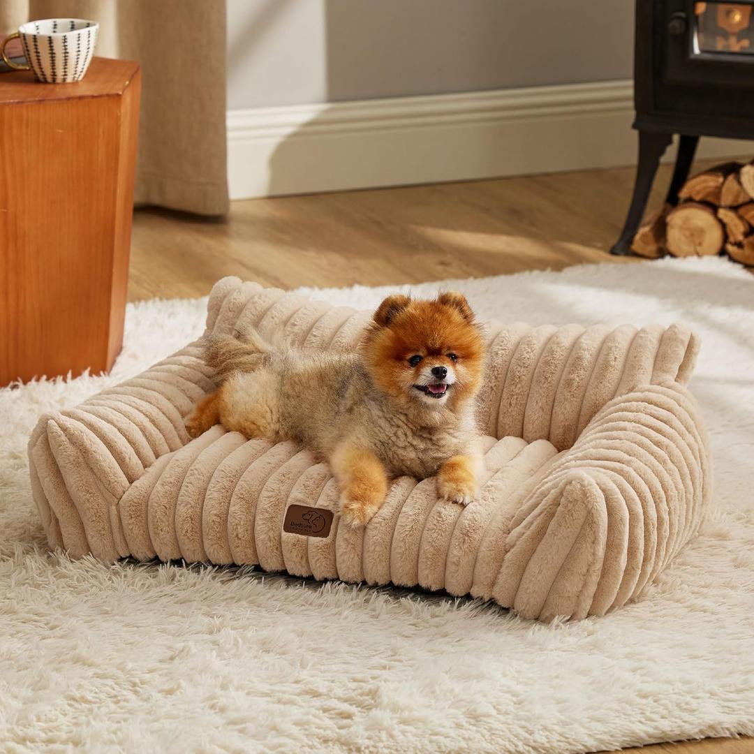 Bedsure ComfyFleece Cute Cat Couch for Pets - As Seen on TV on Good Day New York, Small Medium Dog Bed, Supportive Couch Bed for Small Dogs, 30 Inch, Sandy Beige
