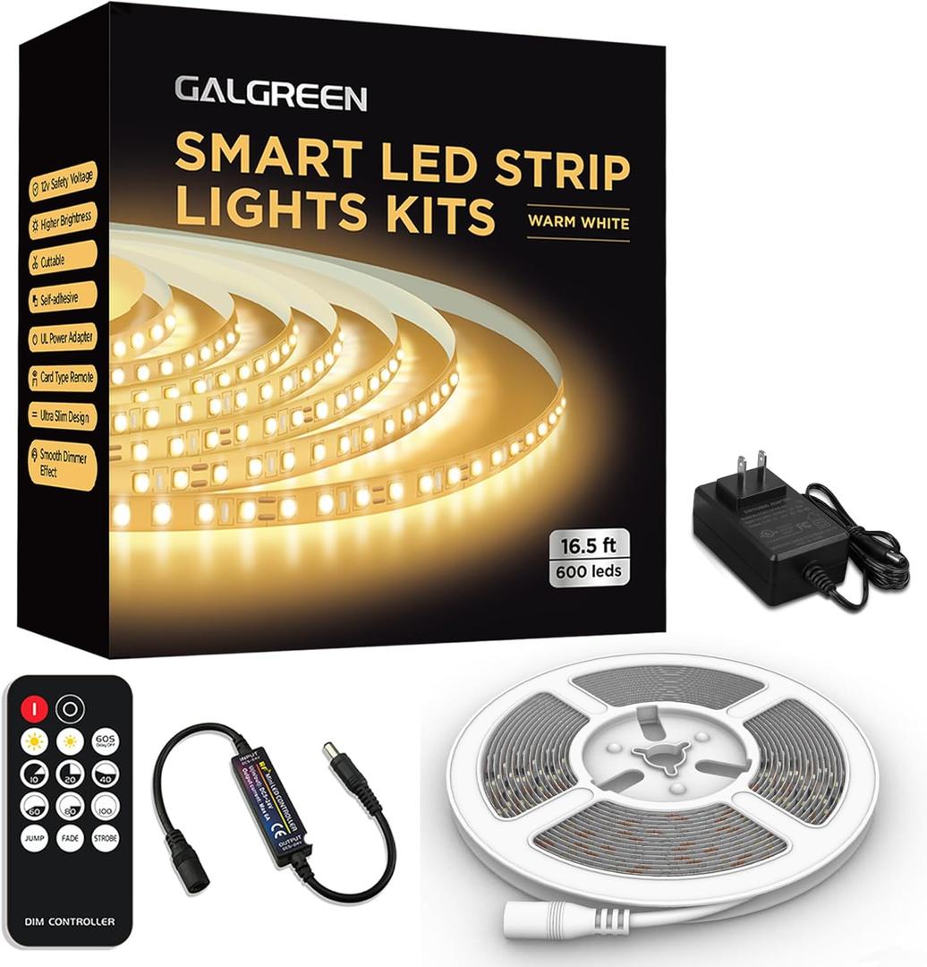 Warm White LED Strip Lights, 16.4ft Smart LED Light Strip 3500K with Dimmable Remote & Adapter, Strong Adhesive, 600 LEDs Flexible Tape Lights for Vantiy Mirror, Kitchen Cabinet, Bedroom