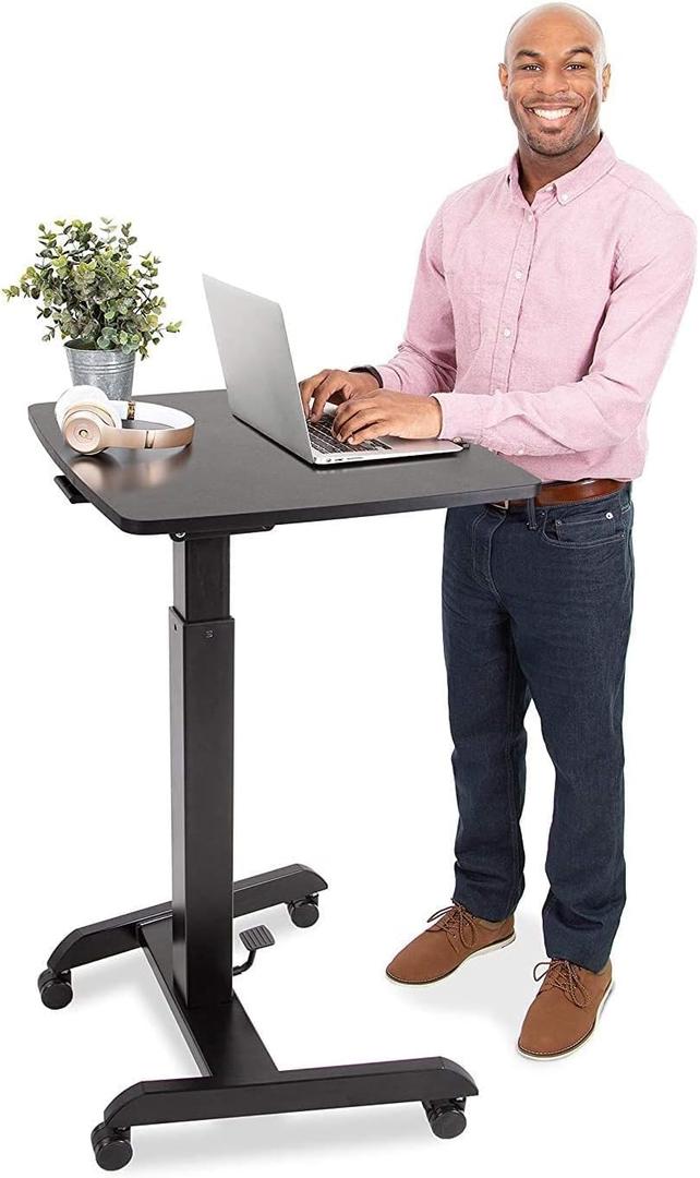 Stand Steady Multifunctional Mobile Podium Desk | Portable Sit to Stand Lectern with Pneumatic Height Adjustment & Tilting Desktop | Rolling Laptop Stand | Mobile Desk for School, Home, Office (Black)