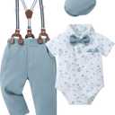 YALLET Baby Boy Clothes Suit Newborn Infant Gentleman Outfits, Formal Dress Shirt+ Bowtie+ Suspender Pants Wedding Party Set (0-3 Months, Short Sleeved White Flower)