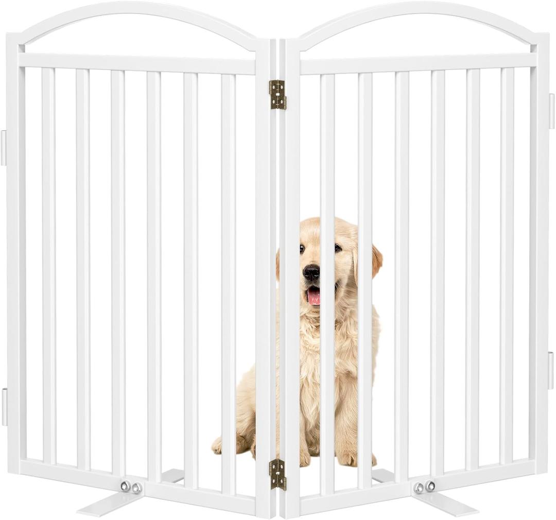 Malier Metal Freestanding Dog Gates with Door, 32'' Height Outdoor Indoor Dog Fences, Extra Wide Foldable Puppy Gate for Stairs (White, 2 Panels 40''W  32''H)