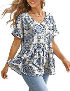 YESNO Women's Summer Tops Casual V Neck Babydoll Blouses Floral Short Sleeve Peplum Shirts XL TH2 CR425B