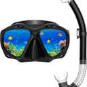 Snorkeling Gear for Adults, Dry Top Snorkel Mask Set, Diving Scuba Mask, Swimming Goggles with Nose Cover, HD Tempered Glass Panoramic Swim Freediving Anti-Leak Anti-Fog Travel Packages (Black 1 Piece)