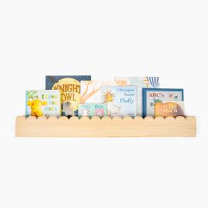 34 Wide Scalloped Pine Wood Wall Bookshelf for Kids | Preassembled Montessori Floating Shelf | Drop-Resistant Kids Book Ledge | Nursery Wall Shelf | Reversible Design for Nursery & Playroom