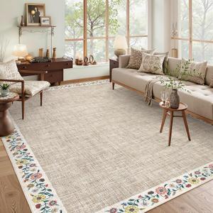 GarveeHome Washable Rugs for Living Rom 8 x 10 Large Area Rug Farmhouse Floral Bordered Bedroom Carpet Indoor Non-Slip Nursery Mat Soft Non Shedding Stain Resistant Carpet for Dining Room, Light Camel