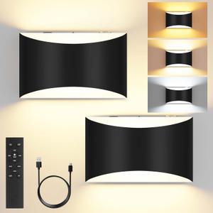 FOLKSMATE Battery Operated Wall Sconces Set of 2, 8000mAh Rechargeable Wireless Remote & Touch Control Wall Lamps, 3 Color Temperatures, Timer Cordless Dimmable Light for Bedroom, Living Room, Hallway (Black)