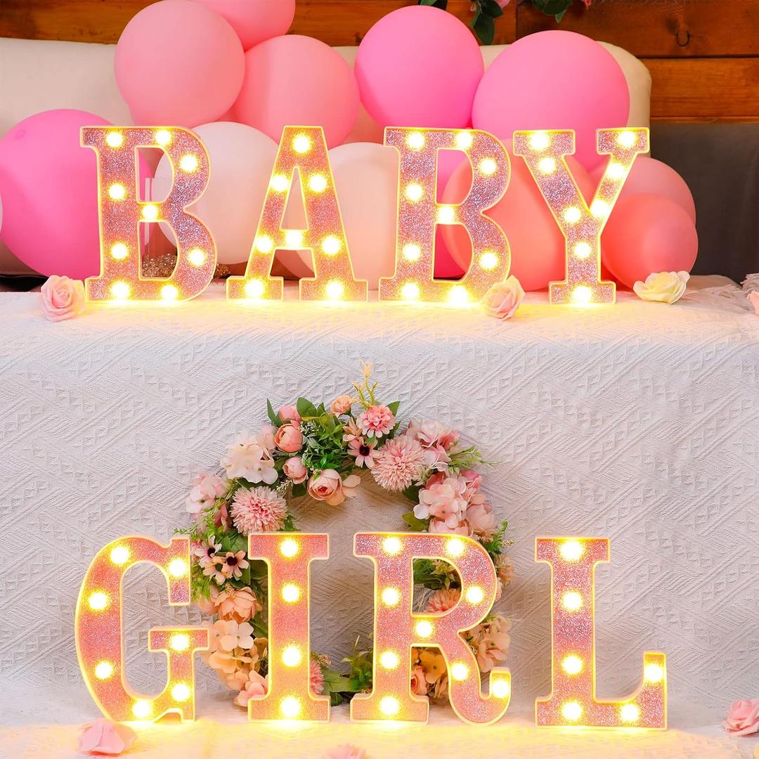 Set of 8 Pink Baby Shower Decoration for Girl Baby LED Letters Party Supplies Light up Letter Battery Operated Letter for Table Centerpieces Wedding Valentines Day Decoration(8.7 Inch)