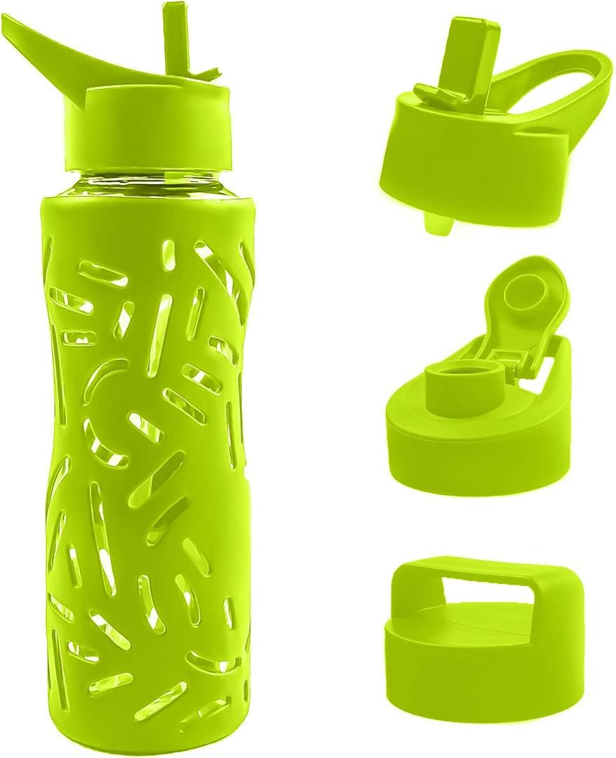 Top&Top 25oz Glass Water Bottles with Straw Cap  Wide Mouth Sports Water Bottles with Protective Silicone Sleeve + 3 Reusable Different Leak-Proof Lids (BPA Free) for Fitness and Outdoor (Yellow)