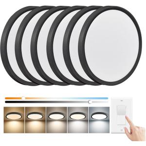 6PK 12 Inch Dimmable LED Flush Mount Ceiling Light,24W, 2520LM, 2700K/3000K/4000K/5000K/6000K CCT Selectable, Round Flat Panel Light Low Profile Ceiling Lamp for Bedroom/Kitchen/Living Room, Black