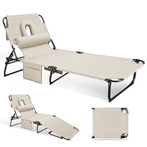 Ahsuname 3-in-1 Sun Tanning Chair with Face Holes, Folding Chaise Lounge Chairs, 5-Position Adjustable Lounge Chair Outdoor with 2 Side Pocket & Pillow, for Pool Beach, Patio, Camping, Beige