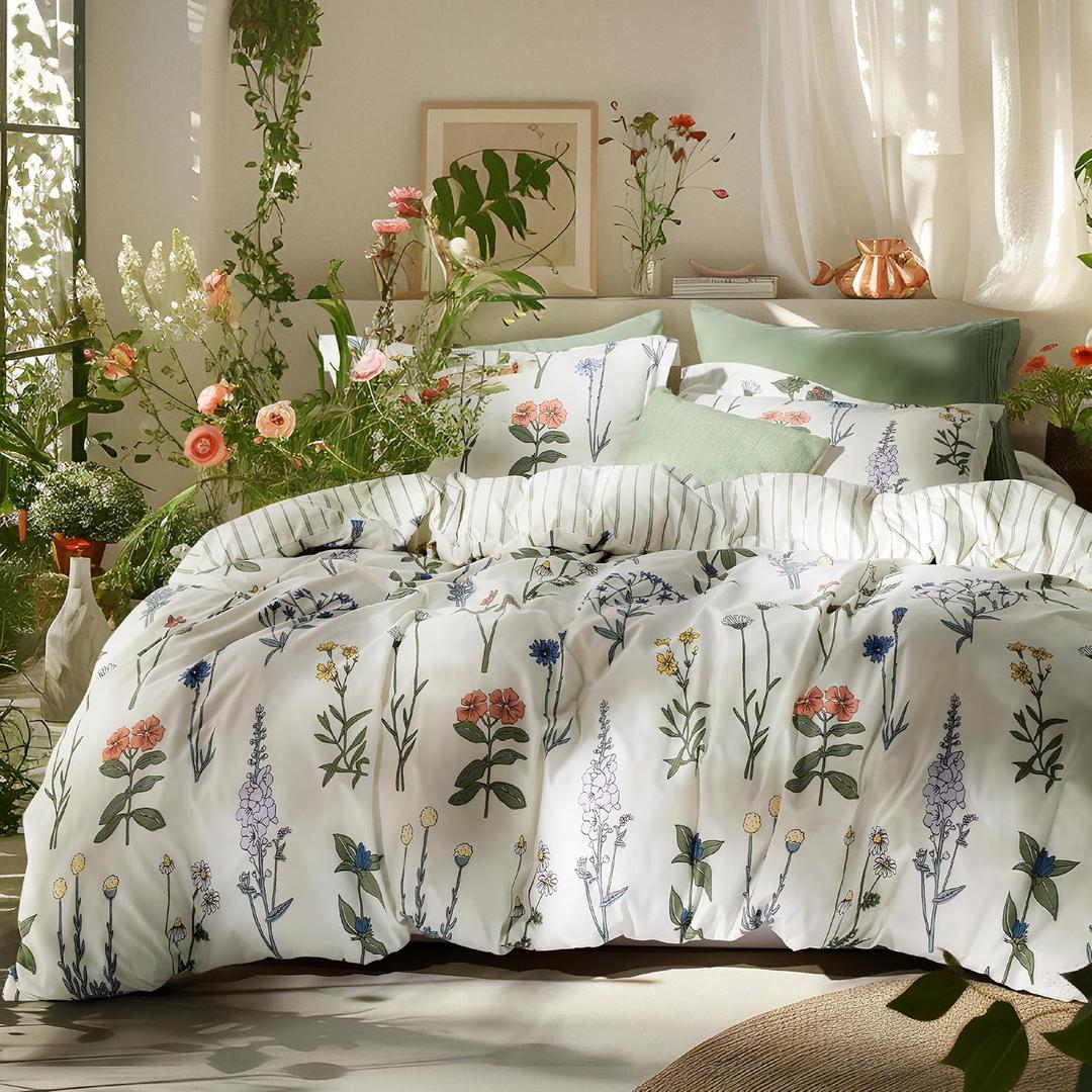 Bedsure Comforter Set Queen Size - Cute Floral Bedding Comforter Set, 3 Pieces, 1 Soft Reversible Coconut White Botanical Flowers Comforter and 2 Pillow Shams