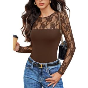 Avidlove Lace Long Sleeve Bodysuit for Women Crew Neck Body Suits Slimming Going Out Concert Tops Fall Outfits (Small, Brown)