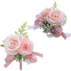 Wrist Corsage and Boutonniere Set for Bride Groom Bridesmaids Groomsmen Wedding Homecoming Flowers Prom Suit Accessories, Rose Boutonniere and Corsage Wristlet Flower (Pink)