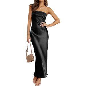 MEROKEETY Women's Summer Satin Strapless Bodycon Dress 2026 Backless Tube Wedding Guest Cocktail Formal Party Maxi Dresses (Black, S)