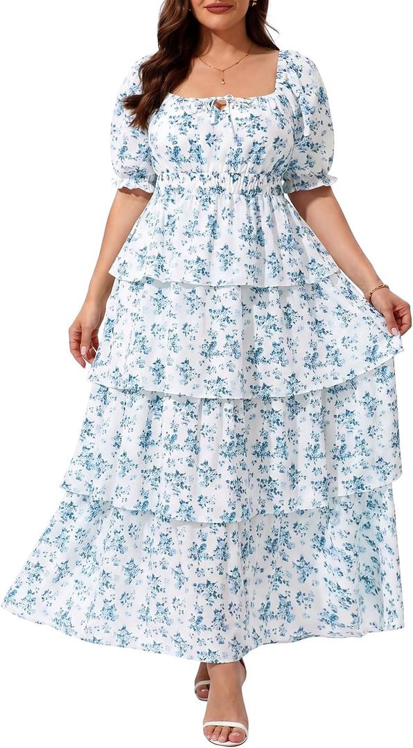 Plus Size Summer Dresses 2026 - Floral Milkmaid Puff Sleeve Casual Ruffle Tiered Maxi Long Sundress