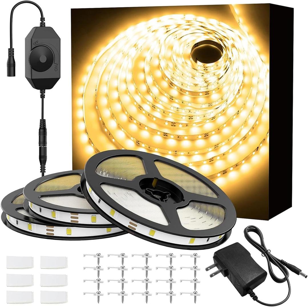 Onforu Warm White LED Strip Lights, 49.2ft 3000K Warm White Dimmable Strip Lighting, 2835 LEDs Tape Light, Flexible Ribbon Light for Kitchen Cabinet Bedroom Wardrobe,15m 12V Adhesive Rope Light