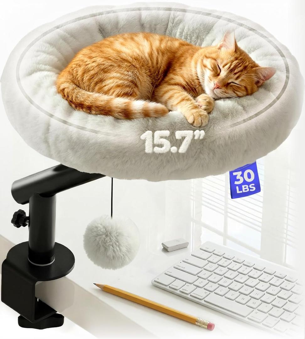 PetLovers Cat Desk Bed - Rattan Elevated Desk Cat Bed Attachment with Removable Washable Cushion, 360 Swivel Arm, Secure Clamp - Keeps Your Cat Close While You Work or Play