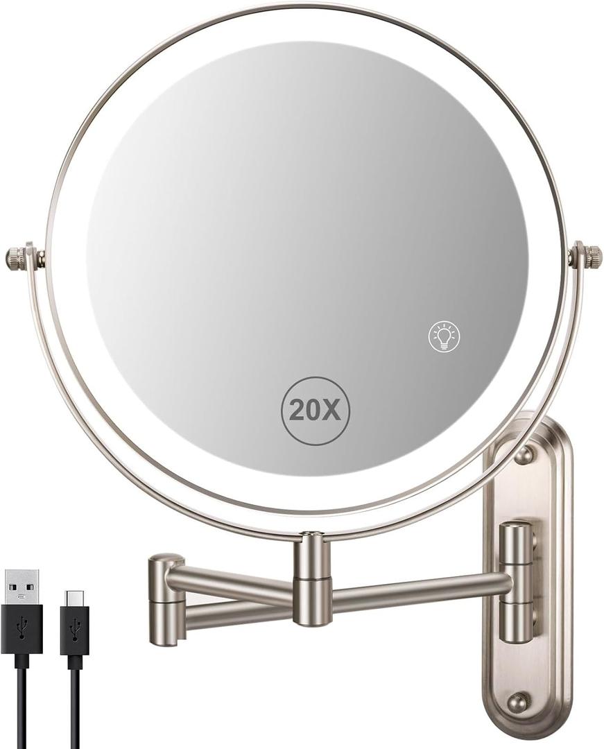 Wall Mounted Makeup Mirror, 1x/20x Magnifying Mirror with 8.5" Double Sided, Vanity Makeup Mirror for Bathroom, Brushed Nickel