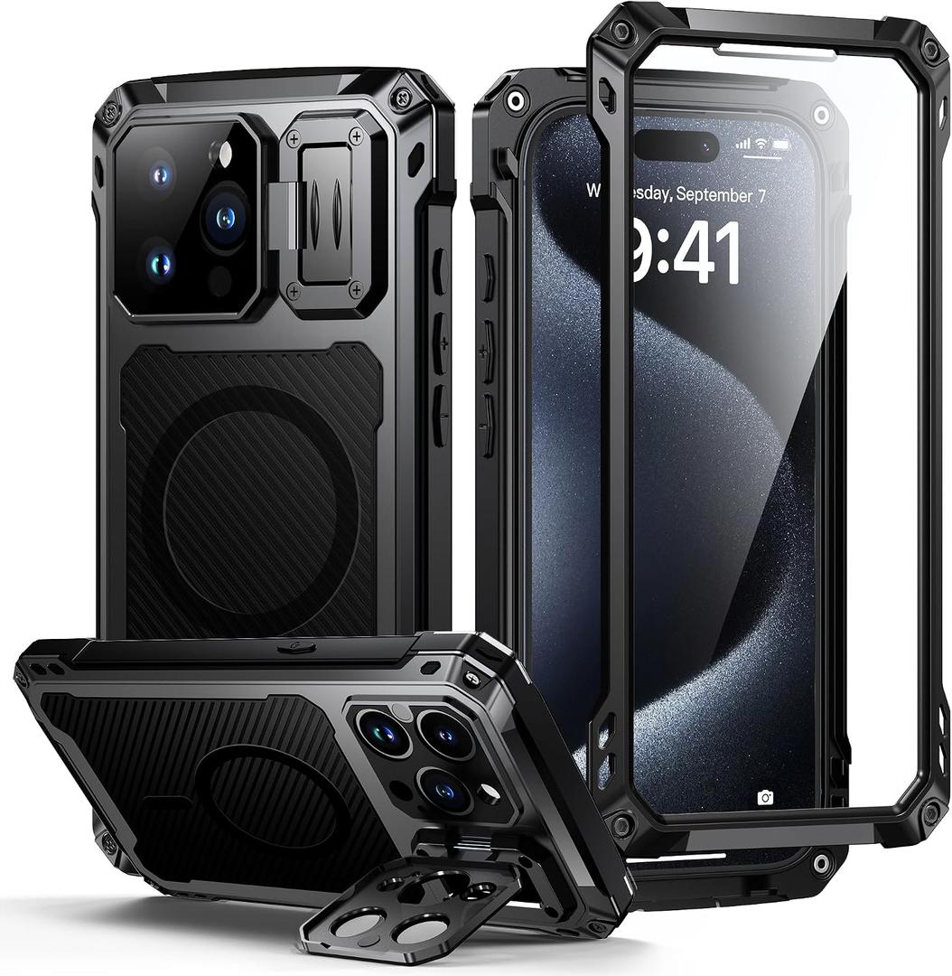 Lanhiem for iPhone 15 Pro Max Metal Case with Kickstand, Compatible with MagSafe, Built in Glass Screen Protector, Heavy Duty Rugged Full Body Tough Phone Cases (Black)