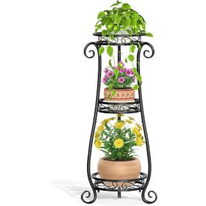 LASZOLA 3-Tier Black Metal Plant Stand for Multiple Large Planters, Indoor Outdoor Organizer, Heavy Duty Tall Flower Holder for Corner, Patio, Bathroom, Office