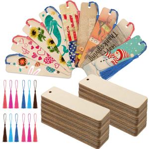 Zonon 36 Pieces Wood Bookmark Blank Bulk Unfinished Bookmarks with Tassels DIY Craft Wooden Hanging Tag Ornaments with Holes for Back to School Classroom Christmas Gift, 4. 7 x 1. 2 Inch