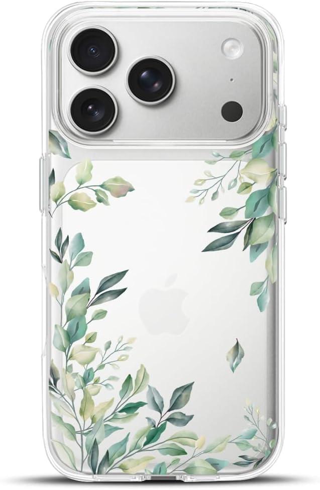 Compatible with iPhone 17 Pro Case, Clear Floral Flower Green Tree Leaves Shockproof Protective Bumper Hard Back Slim Cute Clear Phone Cover for Women Girls 2025 6.3" (Leaves 17Pro)