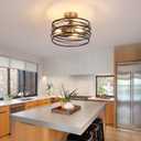 Black Rustic Drum Semi Flush Ceiling Light with 3-Light Brass Base, Modern Gold Farmhouse Chandeliers Metal Cage for Dining Room, Industrial Pendant Light for Entryway Kitchen Foyer Bedroom