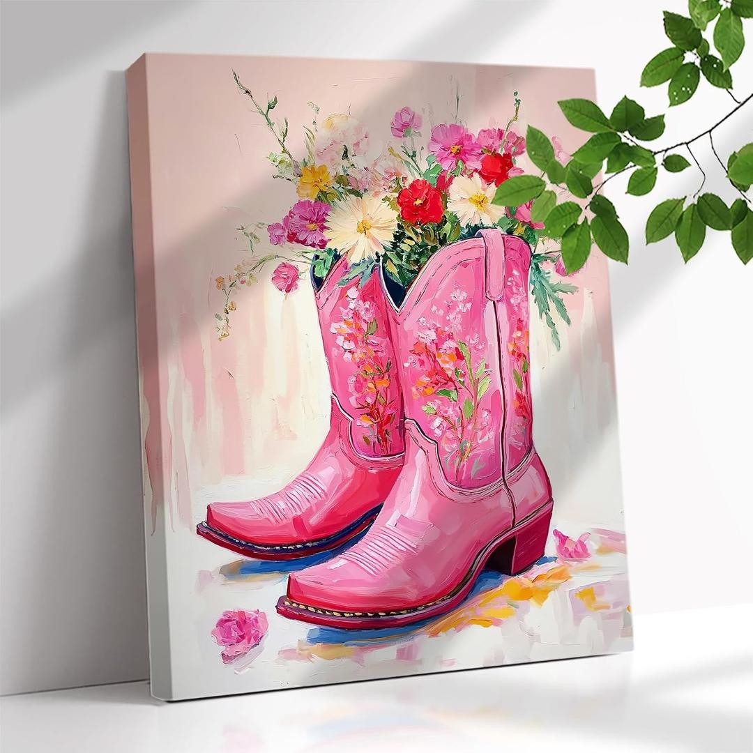 Country Floral Cowgirl Pink Western Boots Wall Decor Cowboy Boots Western Flower Prints Painting Canvas Trendy Preppy Girls Room Decor Pictures For Teen Girls For Living Room Bedroom Wall Decor Art (12x16 Inch)