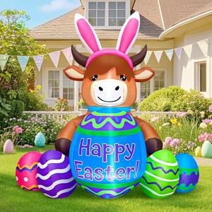 4FT Easter Inflatables Outdoor Decoration Highland Cattle, Blow Up Cow Yard Decor with Inflatable Bunny Ears Eggs Built in LED Lights for Lawn Garden Holiday Party