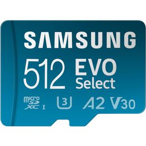 SAMSUNG EVO Select microSDMemory Card + Adapter, 512GB microSDXC, Up-to 160 MB/s, 4K UHD, UHS-I, C10, U3, V30, A2, for Mobile Phone, Smartphones, Nintendo-Switch, and Tablets (MB-ME512SA/AM)