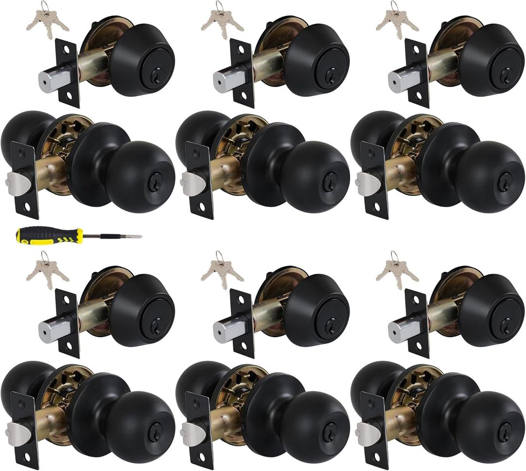 Lanwandeng (6 Sets) All Keyed Same Entry Knobs&Single Cylinder Deadbolt for Exterior Front Doors, Matte Black Finish Round Ball Entry Door Lock with Same Keys