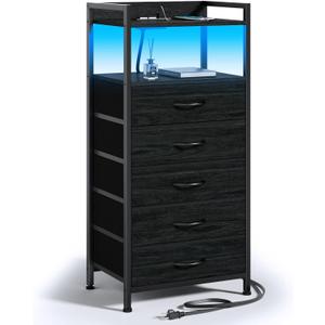 Furnulem Night Stand with Charging Station, Tall Black Dresser for Bedroom, Nightstand with Led Light, Bed Side Table for Living Room, Fabric Storage Drawer, Metal Frame, Wood Furniture