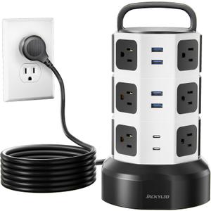 10ft Power Strip Tower JACKYLED Surge Protector Electric Charging Station with 13A 12 Outlets 6 USB Ports Heavy Duty Extension Cord for Home Office Computer Nightstand Laptop Phone White Black