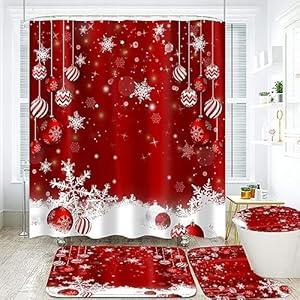 FZDHHY 4PCS Christmas Red Bathroom Decor Set Christmas Decorative Ball Shower Curtain Set Snow Bathroom Set Festivals Shower Curtains for Bathroom with Hooks 72x72 inch