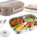 Bento Box,1500ml Stainless Steel Lunch Box,Versatile 4-Compartment Portable Lunch Box Container-Salad Lunch Containers for Adults/Kids with Soup Bowl Spoon Fork Thermos Bag Accessories (Khaki)