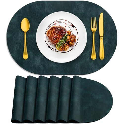 ADRIMER Placemats, Heat Resistant Oval Placemats Set of 6 Washable 12 x 17 Inch, Waterproof Table Mats, Wipeable Pu Place Mats for Kitchen, Dining Room, Dark Blue