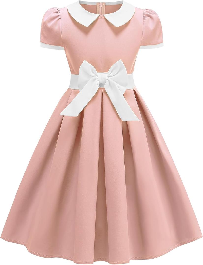Kids 1950s Vintage Dresses for Girls 50s Outfits Doll Collar Bowknot Audrey Hepburn Rockabilly Cocktail Party Swing Dress Short Sleeve Pleated Retro 50's Style Tea Prom Church Clothes Pink 5-6 Years