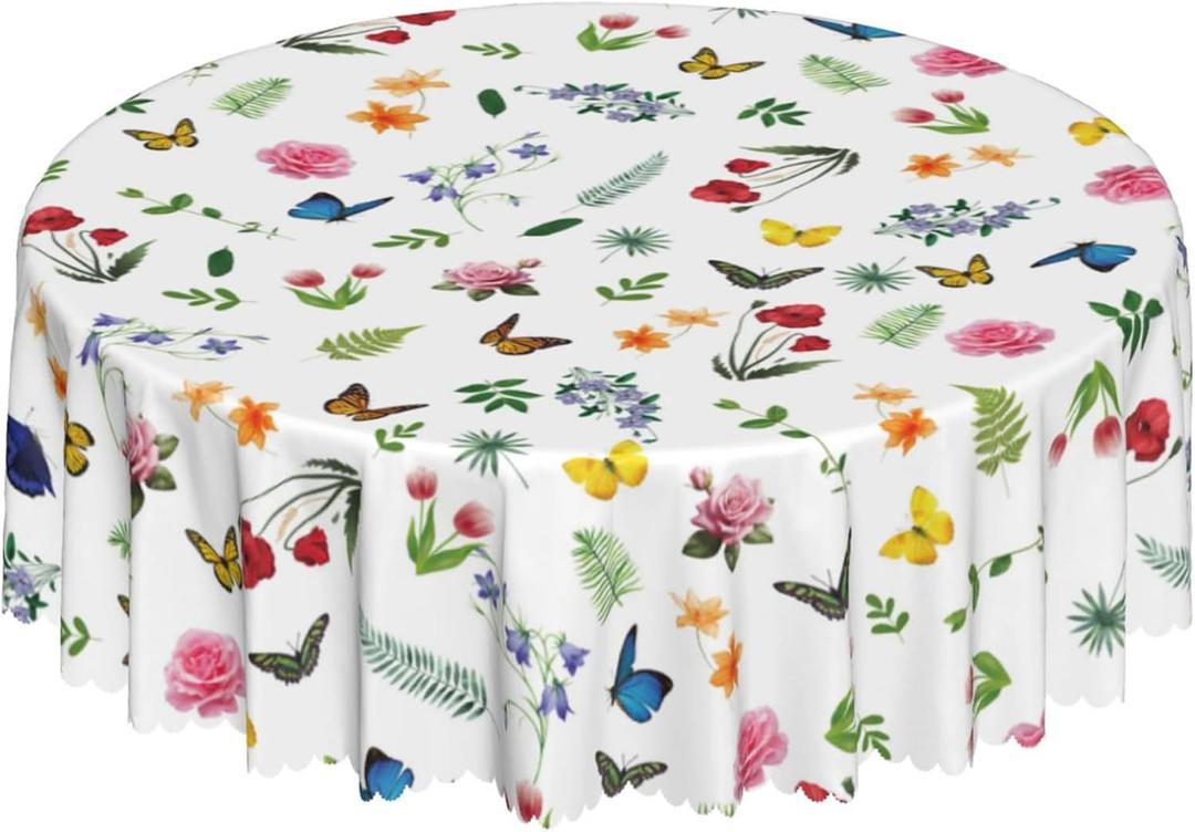 Oil-Resistant Waterproof Tablecloth - 60 Inch Round Colorful Floral Butterfly Print, Washable Polyester Table Cover for Kitchen Dining, Outdoor Picnic, Party & Home Decor