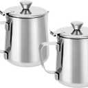 QWORK Stainless Steel Coffee Mug Milk Frothing Pitcher with Lid, 350ML, Dripless Spout, Ergonomic Handle, For Latte Coffee Art, Office and Kitchen, 2 Pcs