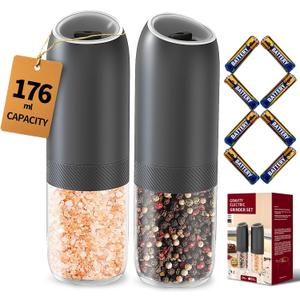 CIRCLE JOY Gravity Electric Salt and Pepper Grinder Set, Battery Powered Automatic Pepper Mills with Adjustable Coarseness, One Hand Operation, 176ml Large Container, Black - Includes 8 Batteries
