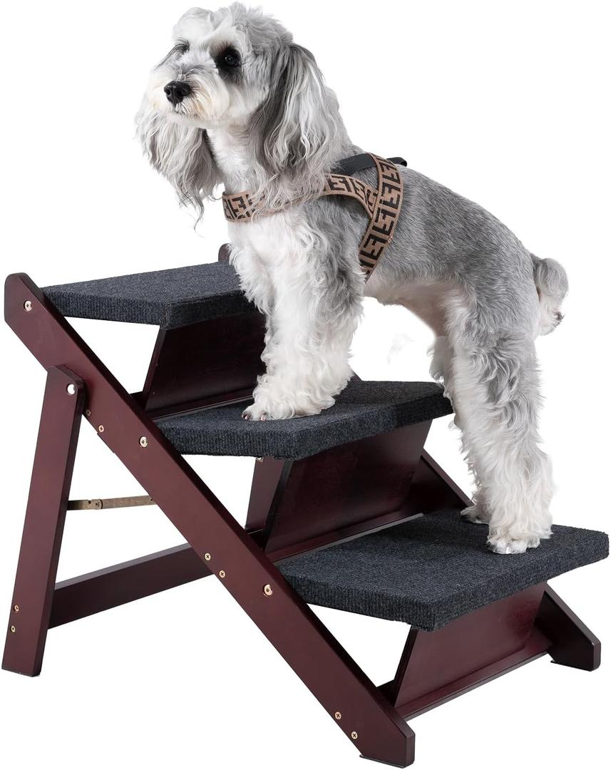 MEWANG Wooden Pet Stairs/Pet Steps - 3-in-1 Foldable Stairs & Rampfor Beds and Cars - Portable Dog/Cat Ladder Up to 220 Pounds - Great for Small and Older Animals(Brown) (24.8" L x 17.2" W x 19.5" H)