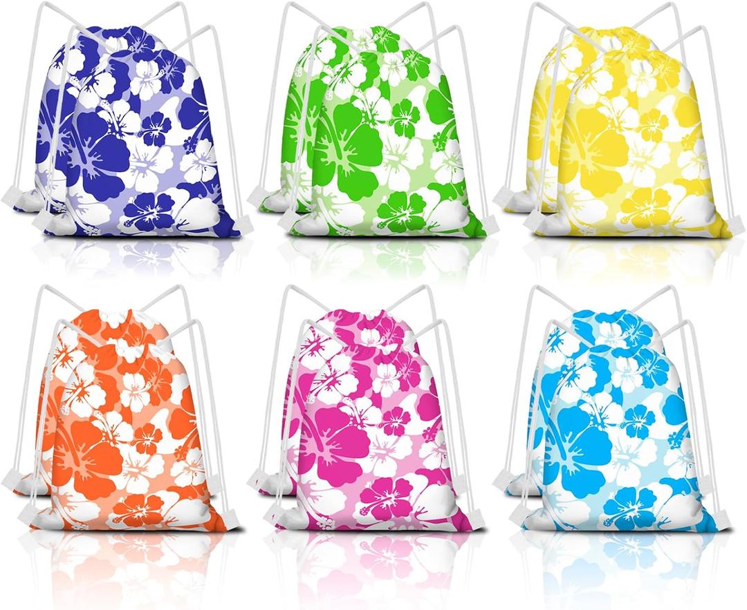 KERINGO 18 PCS Hibiscus Party Favor Hawaiian Themed Drawstring String Bag Backpack Summer Tropical Gift Tiki Luau Treat Hawaii Goodie Bags Kids Birthday Party Supplies