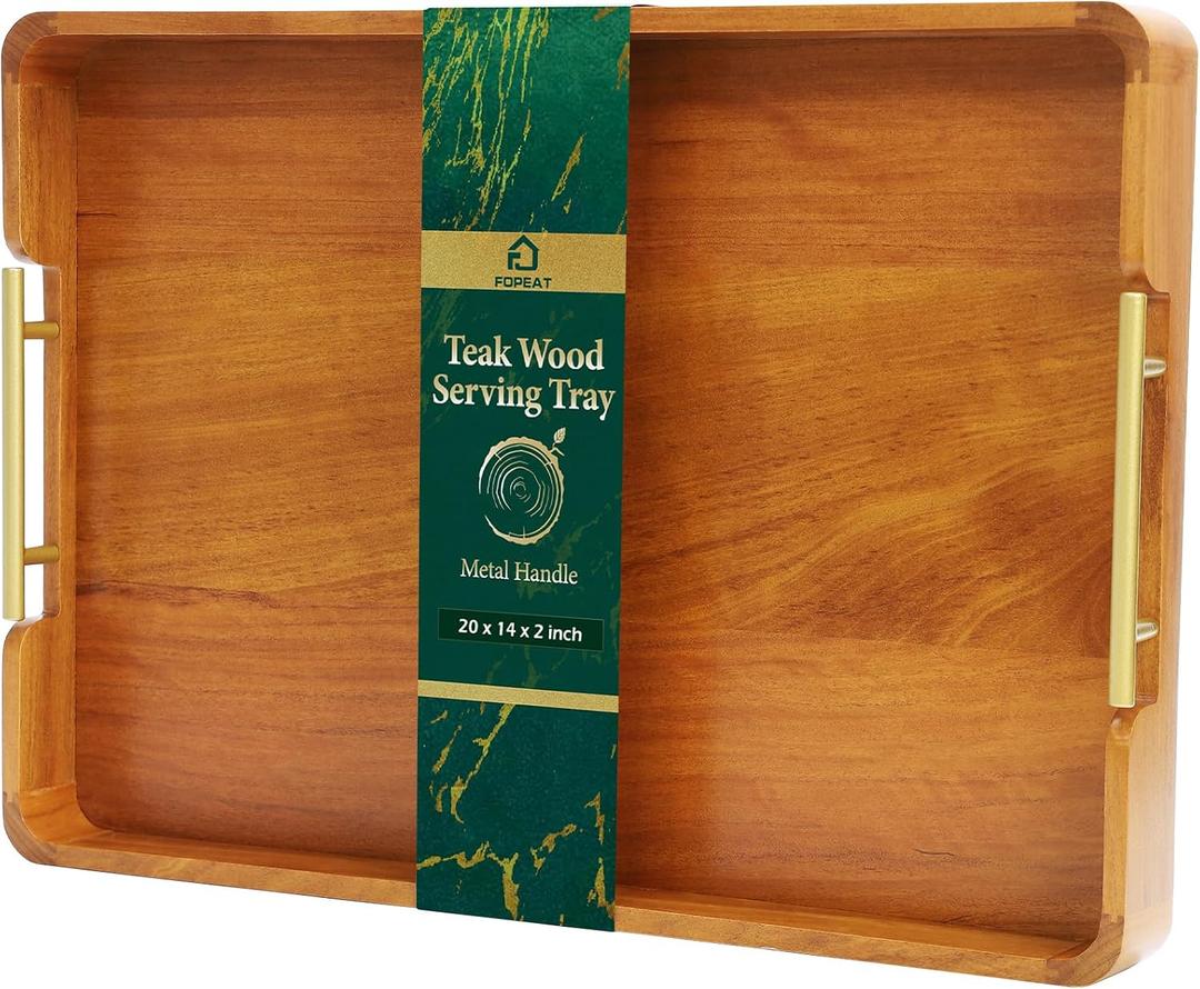 Solid Teak Wood Serving Tray with Handles, 20"x14"x2" Large Ottoman Tray for Living Room Kitchen Party, Decorative Rustic Rectangular Tray for Home Coffee Table Breakfast Dinner Bar