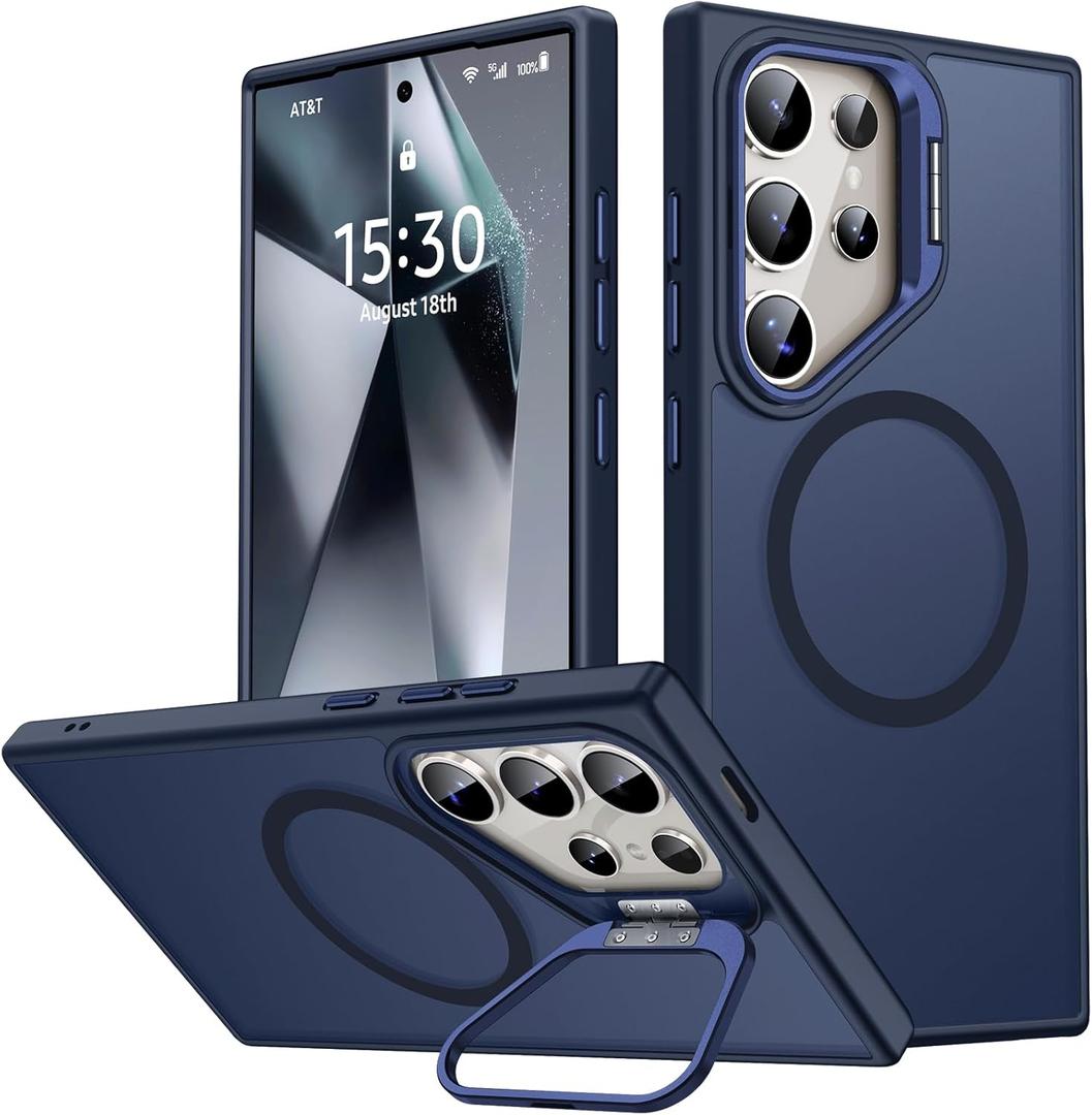 JAME for Samsung Galaxy S24 Ultra Case, Slim S24 Ultra Case with Stand, [Compatible with MagSafe], Built-in Camera Stand Translucent Matte Phone Case for S24 Ultra, Stand Blue