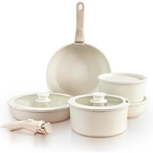 GOURMETIFIC Pots and Pans Cookware Set [11 PIECES] - Non Toxic Ceramic Coated Cooking Ware - Induction, Gas & Oven Kitchenware - Non Stick Pot & Pan with Removable Handles & Stackable (Cream)