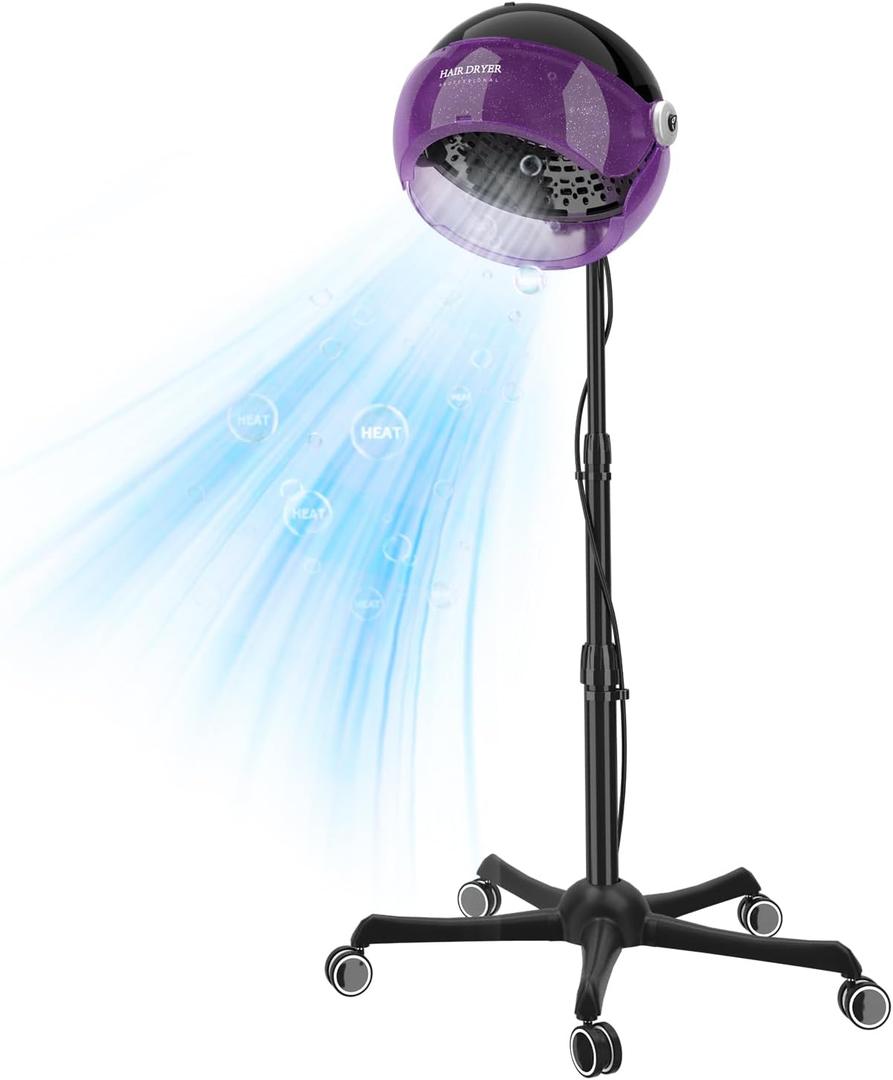 Professional Ionic Hooded Hair Dryer 1875W, Adjustable Standing Salon Bonnet Dryer on Wheels, 3 Heat Settings, Quick Shut-Off, Rolling Hair Steamer Machine for Deep Conditioning & Hair Coloring,Purple