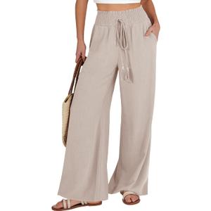 ANRABESS Women's Linen Pants Summer Casual Palazzo Beach Pant Drawstring High Waist Wide Leg Trousers Vacation Outfits (Apricot) S
