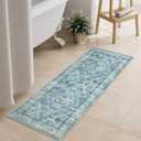 Uphome Bathroom Rugs Runner, Distressed Farmhouse Boho Blue Bath Mat, Non Slip Washable Long Bath Rugs, Vintage Traditonal Soft Velvet Bathroom Runner for Bathtub Sink Shower, 20x60 inch