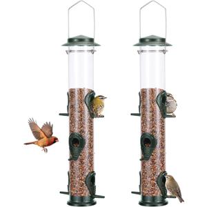 MIXXIDEA 2PK Metal Bird Feeders with 6 Feeding Ports,Tube Bird Feeder with Steel Hanger,Wild Bird Feeder for Outdoors Hanging, Attracting Birds in Your Lawn, Garden, Balcony (Green)