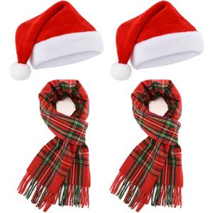 Coume Christmas Santa Hat and Scarf Set for Adults, Winter Plaid Scarf Warm Xmas Hat with Pompom for Men Women Holiday Gifts (Red and Green)